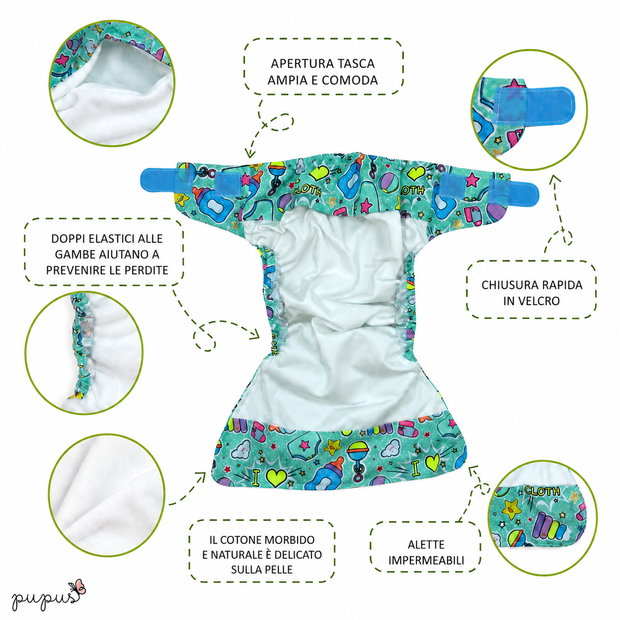 Pannolino lavabile pocket con velcro tasca in jersey di cotone | Pupus 4,5–15 kg