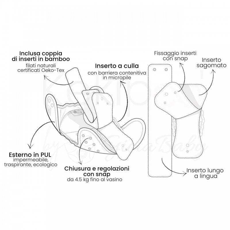 Pannolino lavabile Ai2  Kekipoo' in bamboo con doppio inserto